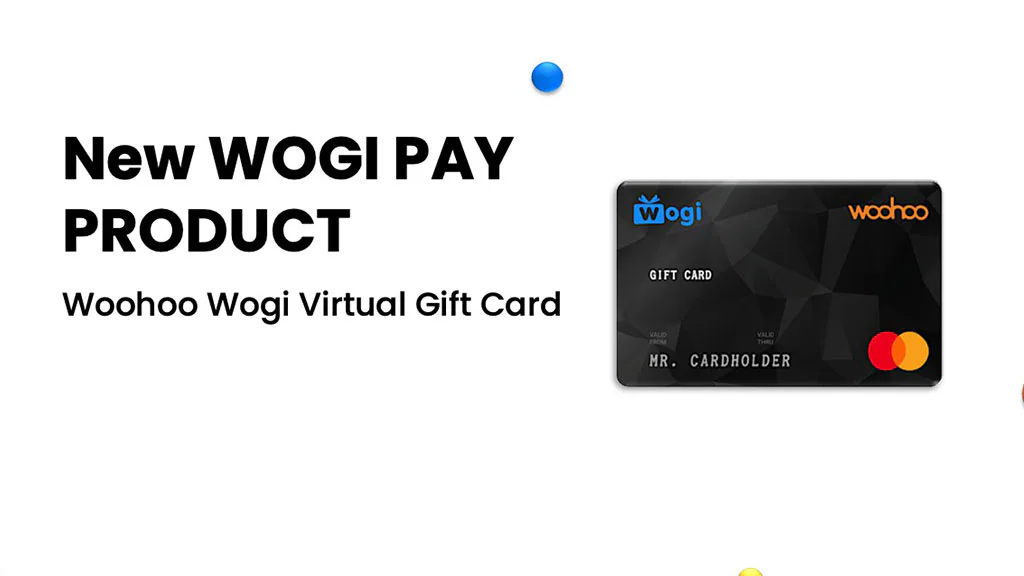WOGI promotional artwork introducing the Woohoo Wogi Virtual Gift Card, with a black virtual card design.